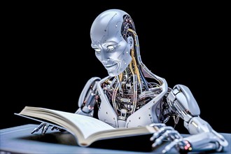 A humanoid AI robot reads in a dictionary