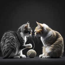 Small domestic cats play with a ball of yarn in front of a black background