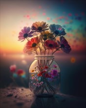 A large bouquet of flowers in a glass vase on the beach at sunset