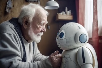 Cute care robot talks to a white-haired old man in a flat