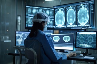 A doctor in a hospital evaluating AI-assisted medical tumour diagnoses on large screens