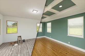 Muted teal before and after of master bedroom showing the unfinished and renovation state complete with coffered ceilings and molding