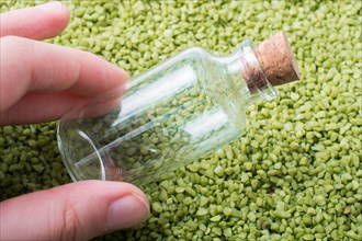 Empty little bottle in hand on green sand