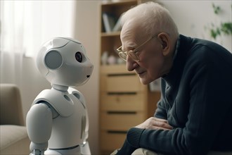 An elderly man in a retirement home has fun with a nursing robot
