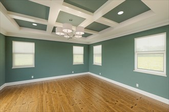 Beautiful muted teal custom master bedroom complete with fresh paint