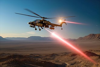 Combat helicopter fires laser cannon at a target