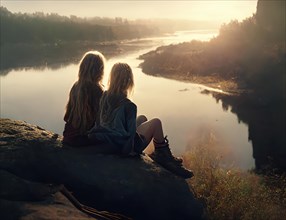 Two teenage girls with long blond hair sitting in the evening light on a steaming riverbank at sunset