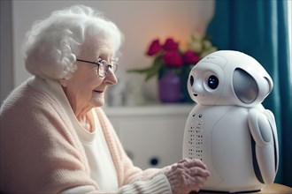 Cute nursing robot talks to a white-haired old lady in a retirement home