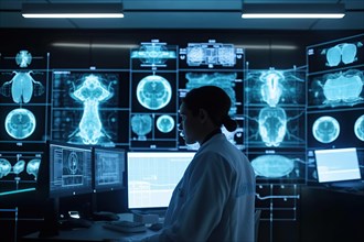 A doctor in a hospital evaluating AI-assisted medical diagnoses on large screens