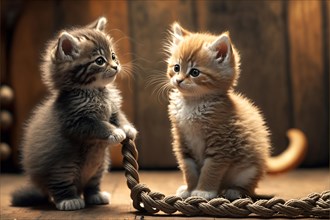 Two furry young cute kittens at play