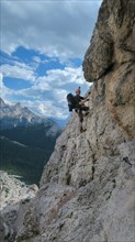 Passage via ferrata with a large exposure and an amazing view of the mountain range. Dolomites