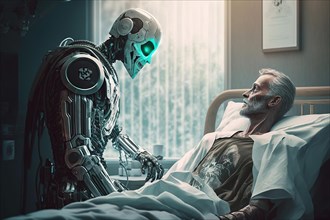Artificial intelligence as a scary humanoid doctor robot at a patients bedside