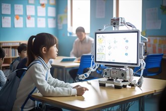 An Asian student learns in a school class with a learning robot with monitor