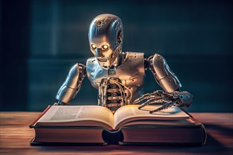 A silver humanoid AI robot reads in a book