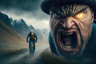 Cartoon angry hiker shouts after mountain biker