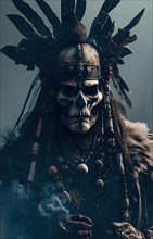 A dark-skinned Indian shaman with skull mask and ritual clothing