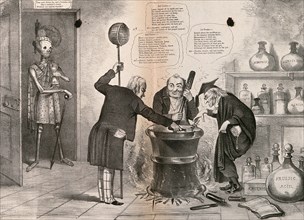 A skeletonised figure watching three doctors around a cauldron