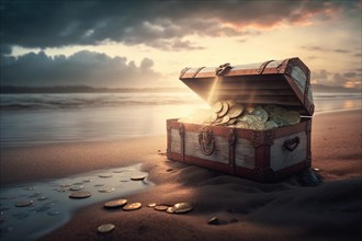 Treasure chest filled with gold coins on a sandy beach at sunset
