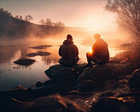 Two friends sitting in the evening light on a steaming riverbank at sunset