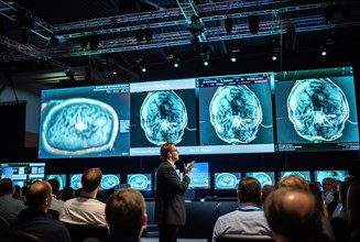 A scientist in a dark suit speaks at a congress in front of a large screen of medical images of MRI brain scans depicting a tumour