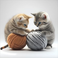 Small domestic cats play with a ball of wool in front of a white background