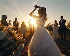 A happy bride in a white wedding dress dances between flower arrangements in the warm evening light