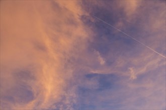Clouds in sky at dawn. Cloud formations lit by the vibrant pinkish colour of the sunlight. Blue sky in the background and an airplane