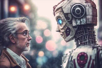 Artificial intelligence as a scary humanoid robot talks to a man on the street