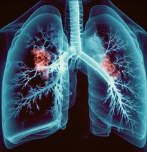 Schematic representation of the X-ray image of the lung with bronchi and bronchioles and expression of a metastatic lung carcinoma