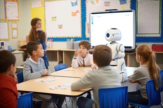 Some students learn together in their school class with a humanoid AI robot in group work