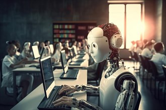 A humanoid AI robot works and learns in a school class on a notebook