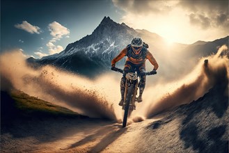 Mountain biker in a downhill race riding along a sandy mountain path