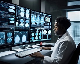 A doctor in a hospital evaluating AI-assisted medical diagnoses on large screens