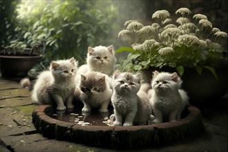 Five furry young cute kittens at play in a flower garden