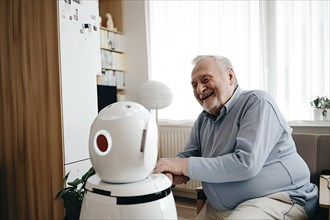 An elderly man in a retirement home has fun with a sweeping robot