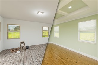 Light green before and after of master bedroom showing the unfinished and renovation state complete with coffered ceilings and molding