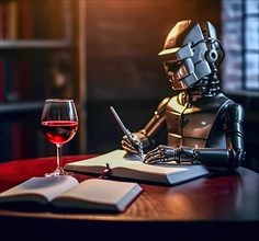 A humanoid AI robot writer writes a novel with a pen over a glass of wine