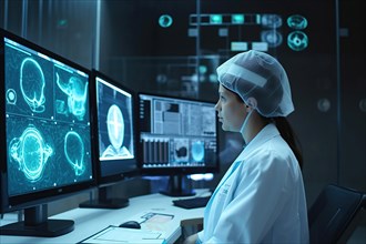 A doctor in a hospital evaluating AI-assisted medical diagnoses on large screens