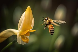 A honey bee approaching a yellow flower