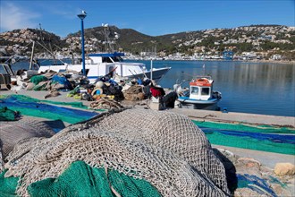 Fishing nets and boat in Port dAndratx on Majorca
