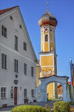 Town hall from 1733 and steeple of the monastery church of St. Martin or Martinsmuenster