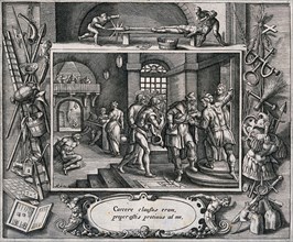 A prison guard receives money for freeing a prisoner from the torture chamber. Engraving by AC after M. de Vos. The torture chamber is populated by men in various rods and men writhing in pain The ima...