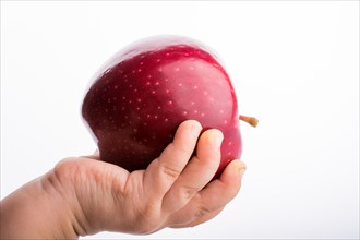 Hand holding a beautiful red apple on a white background