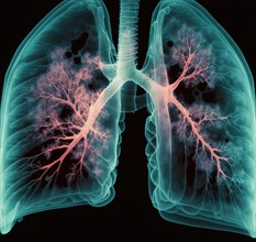 Schematic representation of the X-ray image of the lung with bronchi and bronchioles as well as expression of a metastatic lung carcinoma