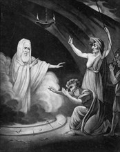 Saul bows to Samuel after the Witch of Endor has raised him from the dead