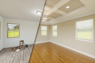 Tan before and after of master bedroom showing the unfinished and renovation state complete with coffered ceilings and molding