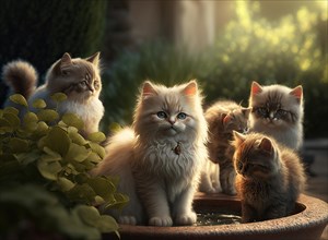 Five furry young cute kittens in a flower garden