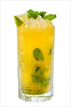 Tall glass of cold mojito lemonade with pineapple isolated on white background