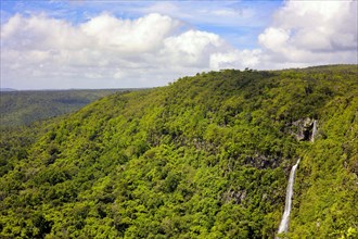 View into the Black River Gorges National Park and on a waterfall