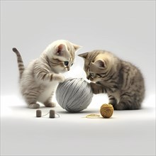 Small domestic cats play with a ball of wool in front of a white background
